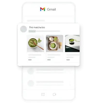 Exemple d’annonce de génération de la demande pour mobile dans l’application Gmail, comportant plusieurs images de matcha bio