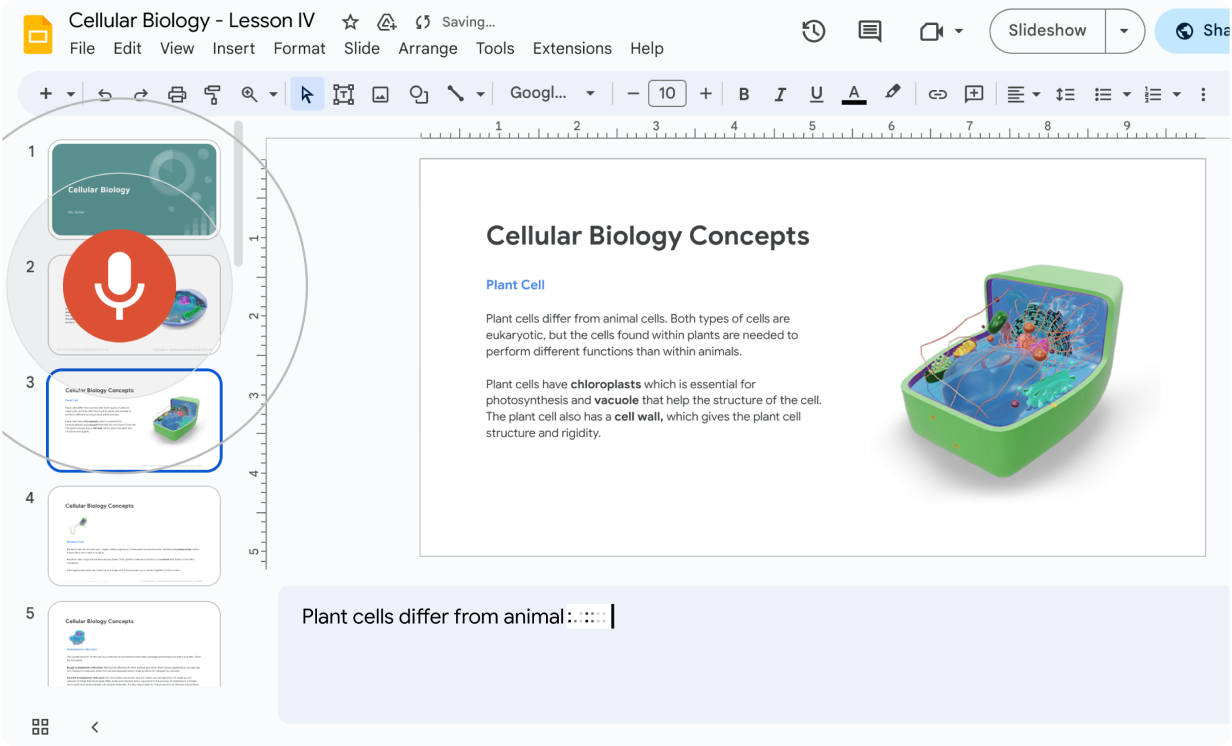 Google Slides 프레젠테이션의 발표자 노트를 추가하는 데 사용되고 있는 Google의 음성기록 기능