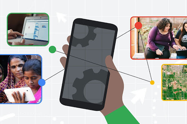 Illustration of a hand holding a smartphone with dots connecting four images: two women on a laptop, a group using a tablet, a satellite map, and a hand pointing at a laptop.