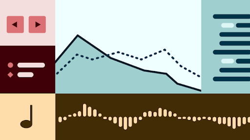 An array of charts, play buttons, and symbols