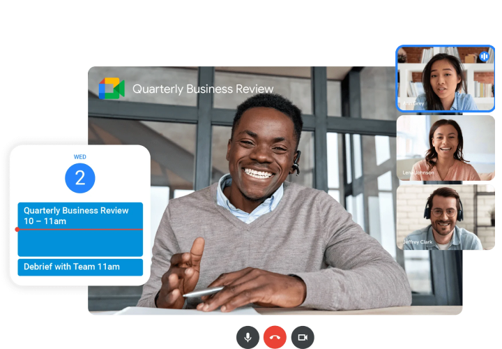 Driemaandelijkse bedrijfsreview in Google�Meet met 4 mensen  