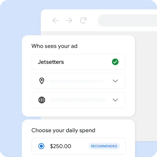 Signup flow UI showing the selection inputs for audience and recommendations for daily ad spend.