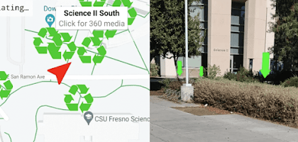 Maps showing the location of recycling bins on a college campus.