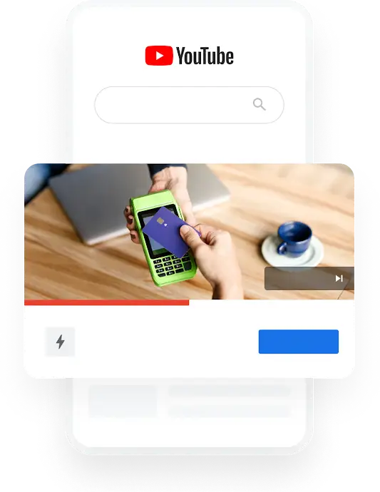 Ilustra��o de um smartphone que mostra uma consulta de pesquisa do YouTube pelos melhores bancos on-line que resulta em um an�ncio em v�deo.