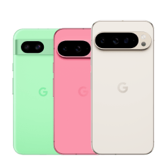 The backs of three Pixel phones. From left to right they are Pixel 8a in Aloe color, Pixel 9 in Peony color, and Pixel 9 Pro XL in Porcelain color.