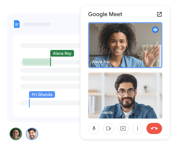 两名团队成员在 Google 文档中进行 Meet 通话
