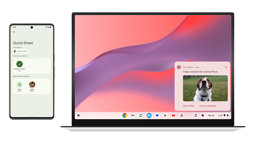 Iemand deelt makkelijk een foto van een hond vanaf een Android-telefoon naar een Chromebook door Quick Share te selecteren en daarna de apparaatnaam te kiezen.