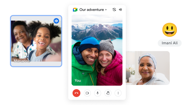 Una videollamada de Google Meet que muestra a una pareja en un id�lico paisaje monta�oso hablando con otras personas. 