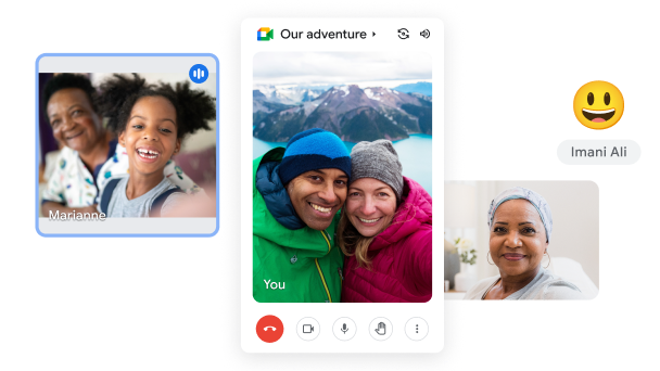 A Google Meet video call showing a couple outside in an idyllic mountain setting talking to others. 