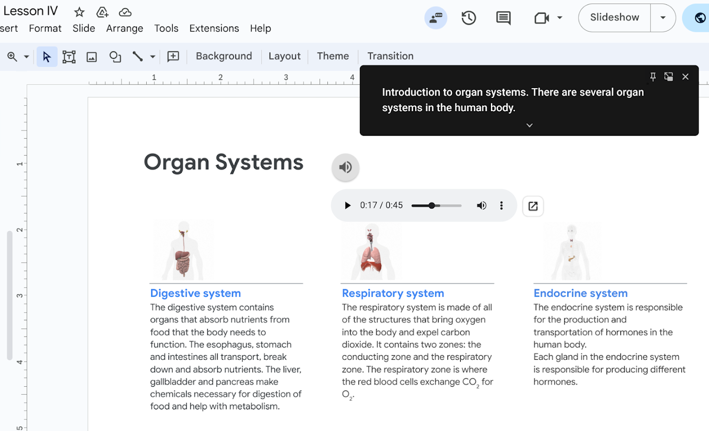 실시간 자막은 Google Slides 프레젠테이션 중에 화면 오른쪽 상단에 표시됩니다.