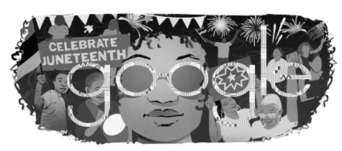 Black and white illustration of people celebrating Juneteenth. A woman is enlarged in the front, center wearing circle frame glasses. The glasses lenses stand in for the "O"s in the Google logo.