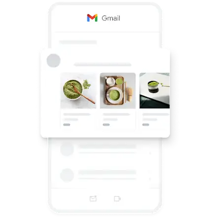 Beispiel f�r eine mobile Demand Gen-Anzeige in der Gmail App, in der verschiedene Bilder von Bio-Matcha zu sehen sind.