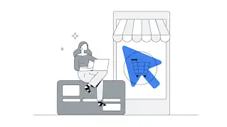 Illustration d’une femme utilisant son ordinateur portable assise devant la devanture d’un magasin