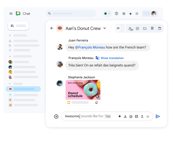 Un espacio de Google Chat titulado “Dan’s Donut Crew” que muestra una presentación de Google compartida y un mensaje en francés con la opción de mostrar la traducción.