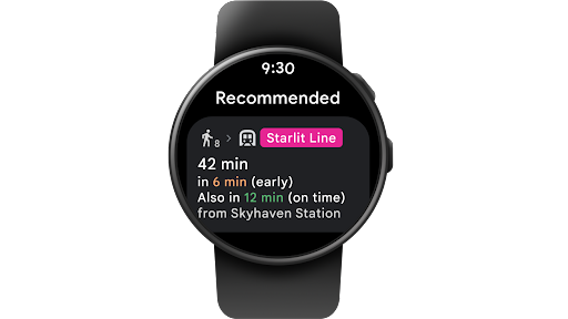 Using a Wear OS smartwatch to find public transport directions and schedule a trip to a coffee shop.