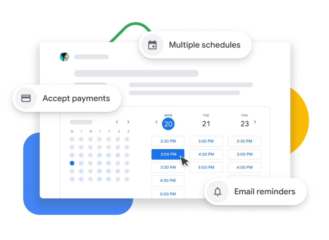 Representaci�n gr�fica de Google Calendar con un calendario de citas, donde los usuarios pueden aceptar pagos, verificar las citas con los clientes y enviar recordatorios por correo.