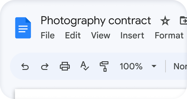 Document Google�Docs intitul� "Contrat photo" 