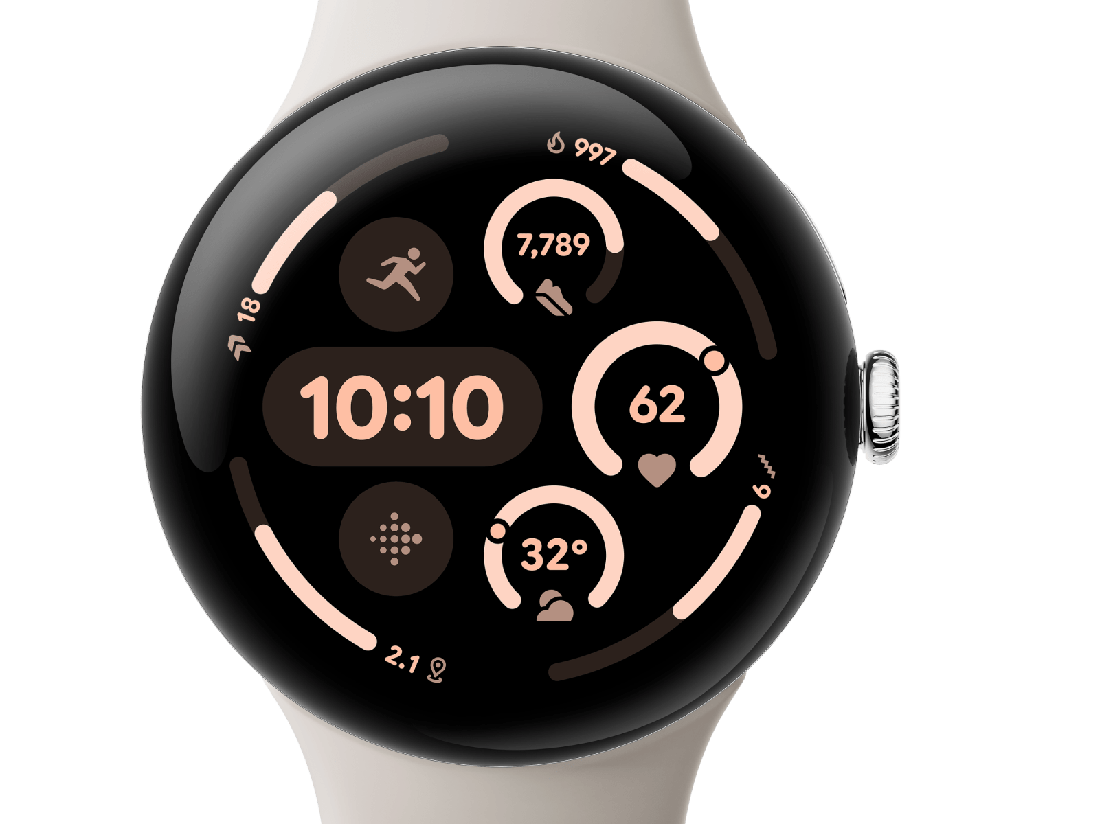 Front view of the Pixel Watch 3 45mm with Polished Silver Aluminum Case / Porcelain Active Band