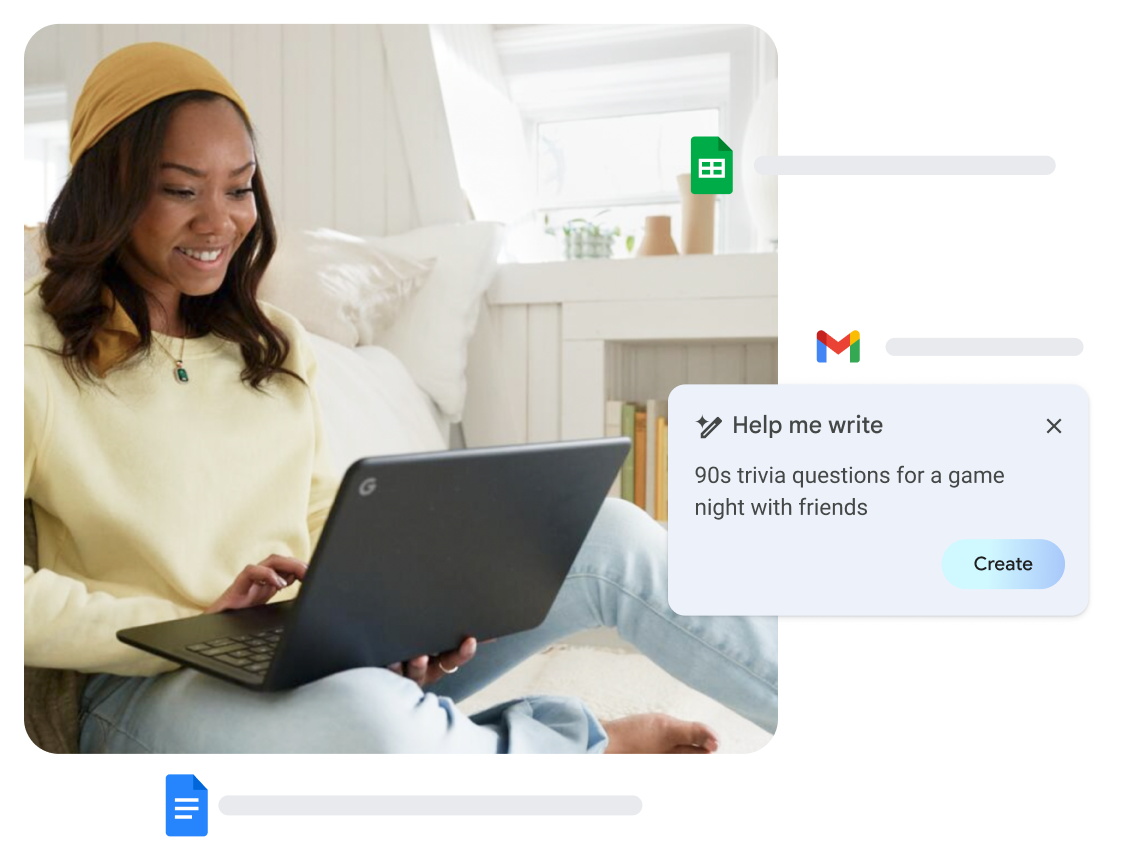 A woman on a laptop using Gemini to help her write trivia questions for game night.