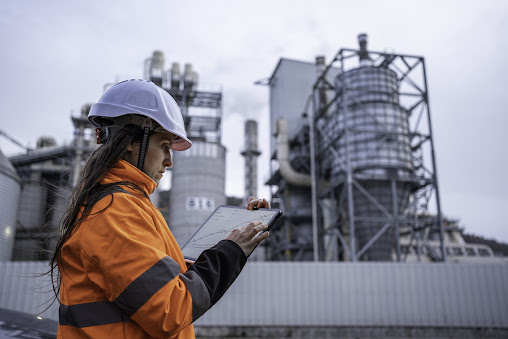 Engenheira trabalhando em uma usina.