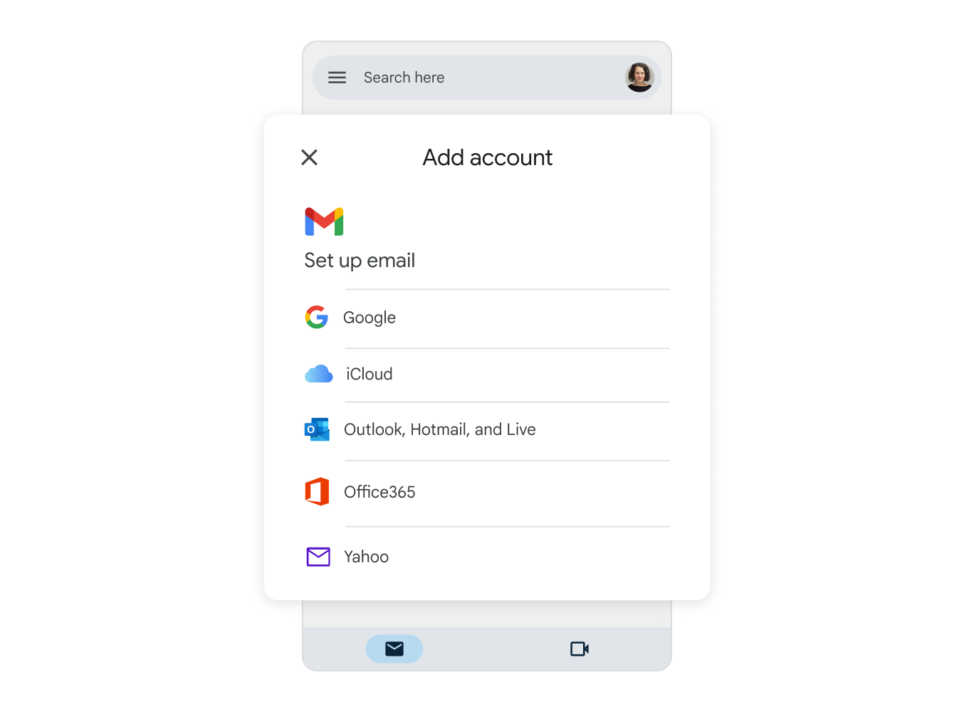 A simplified phone UI has the header ‘Add account’ and shows icons from different email services, demonstrating the simplicity of adding different email providers to the Gmail app.