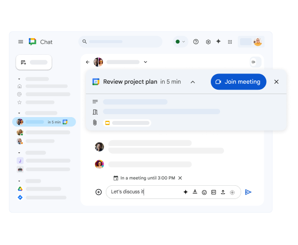 Ventana de Google Chat que muestra una pr�xima reuni�n en el Calendario de Google y un v�nculo para unirse.