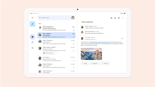 Gmail on a tablet screen with an opened email alongside the trail of emails in the  inbox.