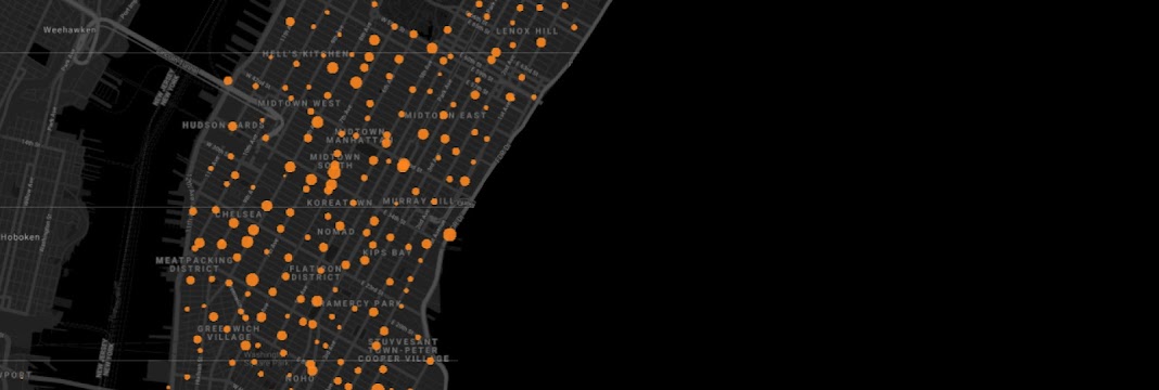 Vista a�rea de Manhattan, sobreposta por c�rculos de tamanhos diferentes