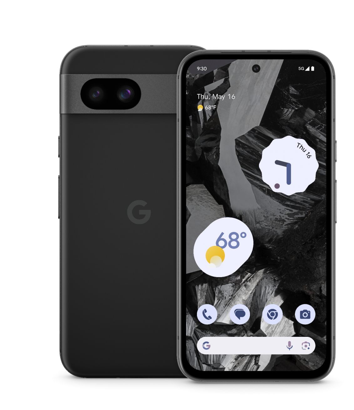 The front and back of a Google Pixel 8a phone.