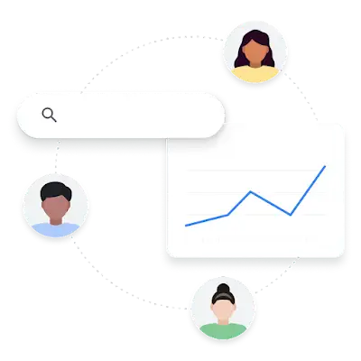 Illustratie van 3 gebruikers rond 1 zoekopdracht om hun verschillen aan te tonen en een lijndiagram dat de doelgroepinteresse vertegenwoordigt.