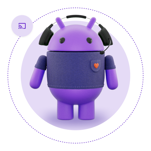 A purple Android robot wearing headphones with a small heart on its chest, and a Cast icon circling it on a dotted line.