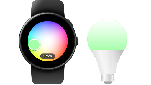 Utilisation de Google�Home sur une montre connect�e Android pour changer simultan�ment les couleurs de plusieurs lumi�res.