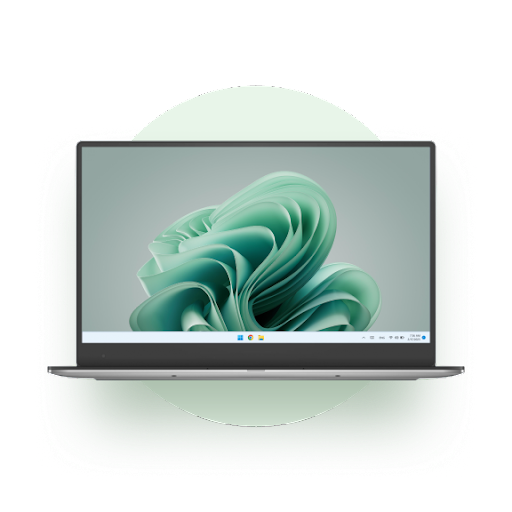 A Chromebook displaying a green, abstract art screensaver.