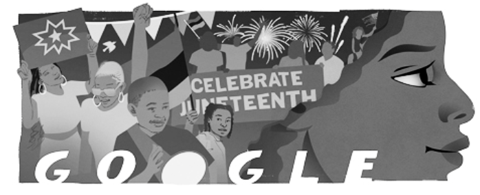 Black and white illustration of a crowd celebrating Juneteenth with the Google logo beneath. A woman's profile comprises the right side of frame.