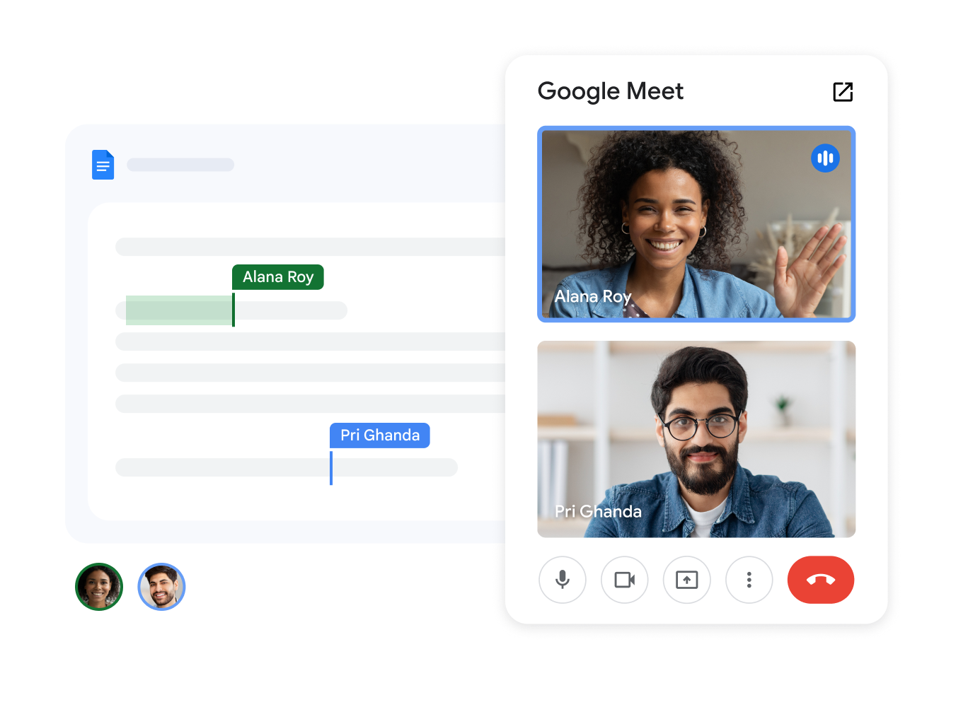 Deux membres d'une �quipe participant � un appel Meet dans Docs