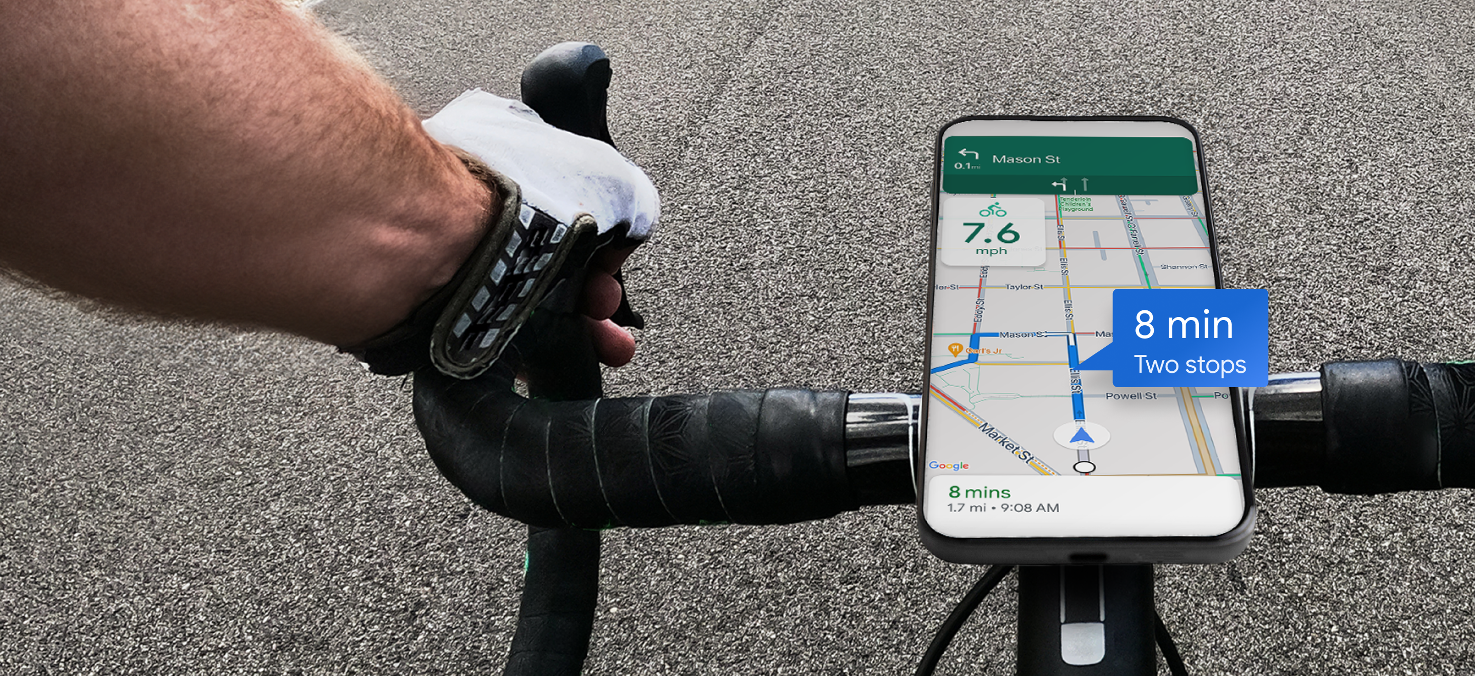 Bike with mobile phone on the handlebars showing Google navigation