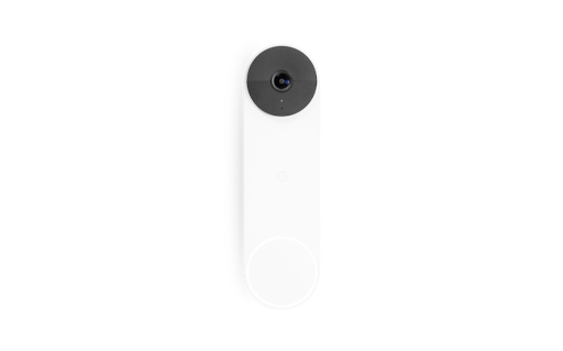 Isang puting oblong na Nest Doorbell na may lens ng camera.