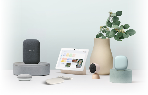 Image of Google Home devices including Google Nest Hub Max, Google Nest Learning Thermostat, Google Nest mini, Google Nest Audio, Google TV Streamer 4K, Google Nest Wifi Pro, and others.