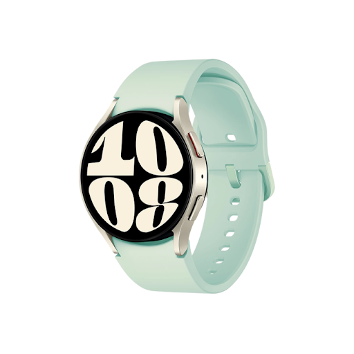 A smartwatch with a light-green band and the time prominently displayed on its face.