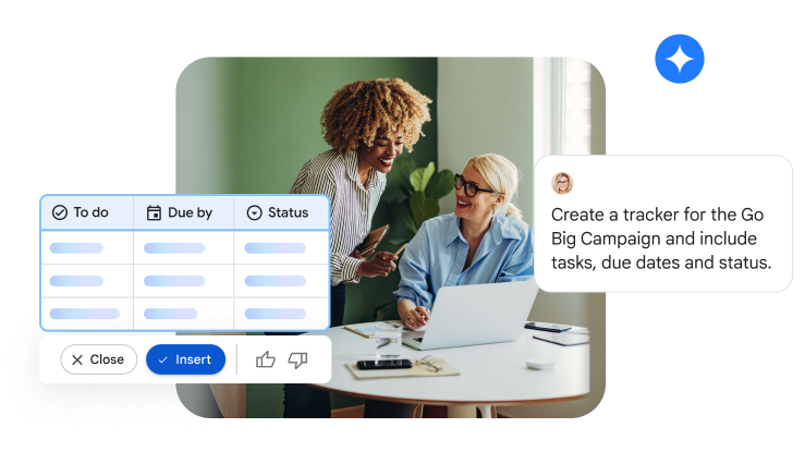 Две сотрудницы используют Gemini в Таблицах, чтобы создать трекер для кампании. 