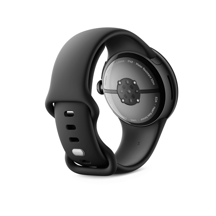 Back view of the Pixel Watch 3 41mm with Matte Black Aluminum Case / Obsidian Active Band