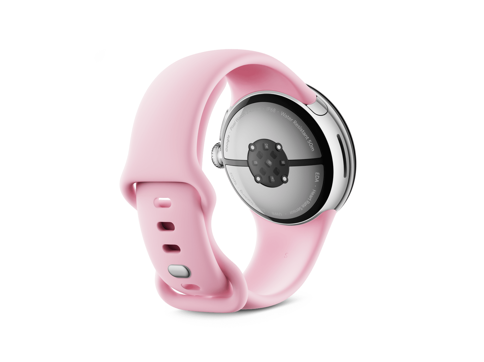 Back view of the Pixel Watch 3 41mm with Polished Silver Aluminum Case / Rose Quartz Active Band