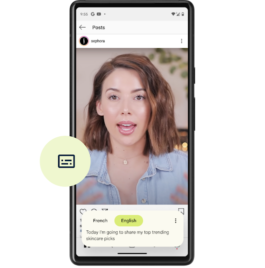 T�l�phone Android ouvert, affichant une publication de Sephora sur le flux principal d'un compte Instagram. Vid�o d'une femme blanche aux cheveux courts en train de parler. La fonctionnalit� Sous-titres instantan�s d'Android est activ�e et le texte des mots �nonc�s s'affiche sur le t�l�phone en fran�ais�: "Aujourd'hui, je vais partager avec vous mes soins de la peau pr�f�r�s".