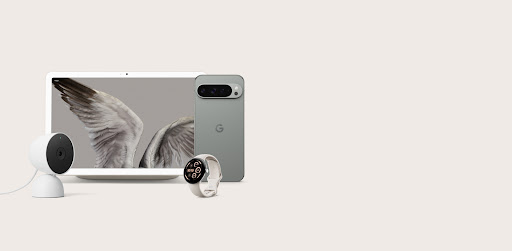 A display of the Pixel tablet, Pixel Phone, a pair of Pixel Buds Pro, and the Pixel Watch