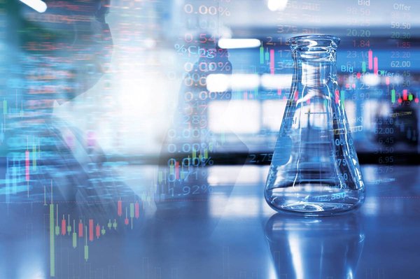 Chemical stocks ticker with lab flask