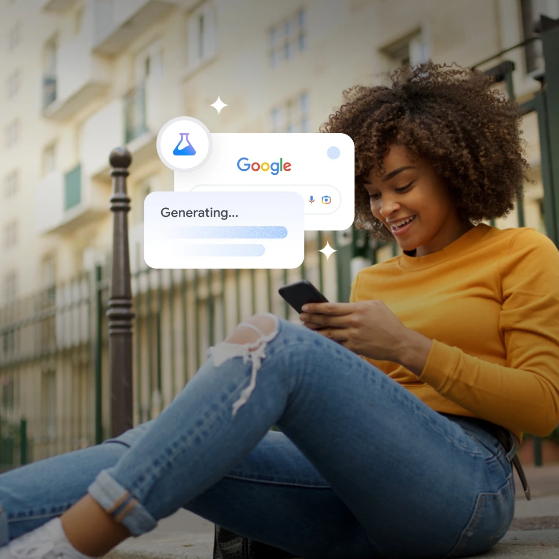 Image of woman using her phone and exploring Google Search Labs