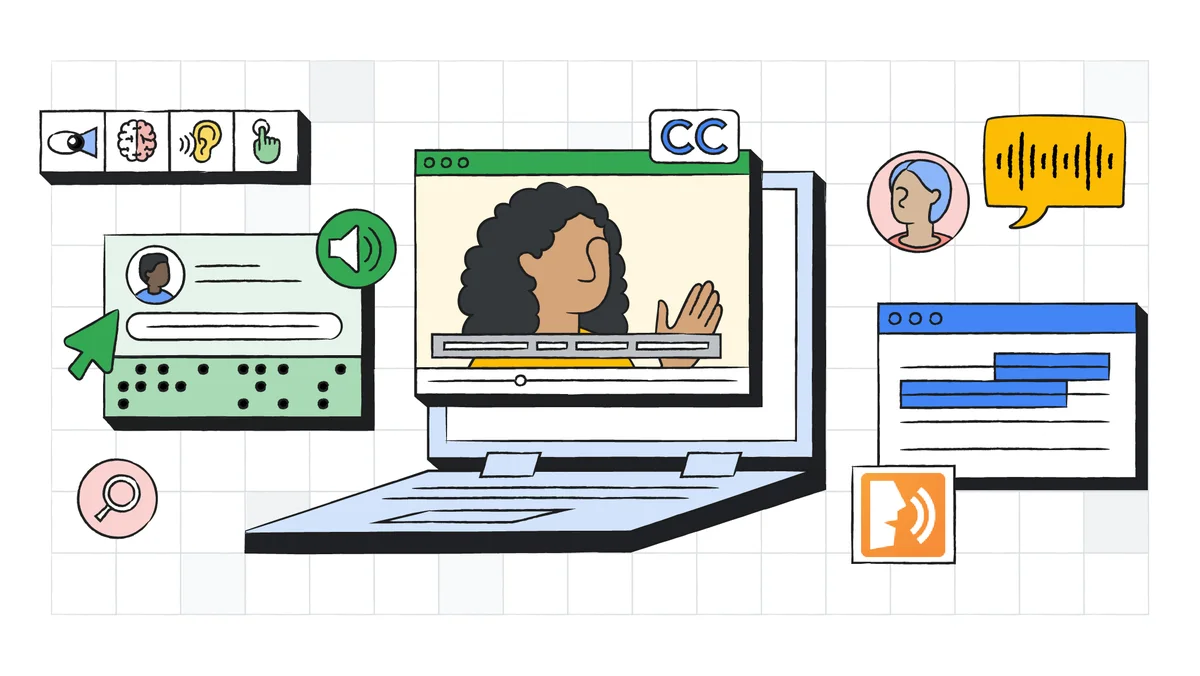 Visual of 3 computer screens with various icons representing accessibility features, including captions and Braille