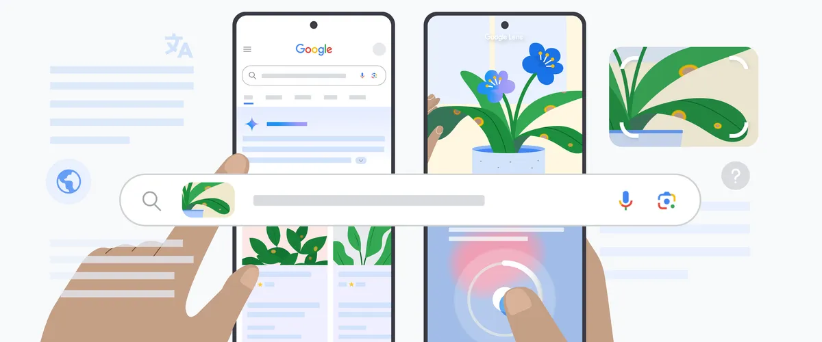 Two phone illustrations showing new search capabilities of Google Lens video and voice input, and AI Overviews as someone searches for information about plants in different ways on Search