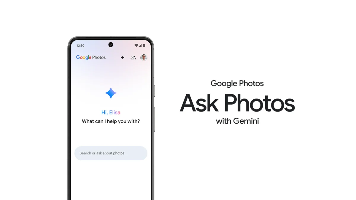 Illustrazione della funzione Ask Photos with Gemini nell'app mobile Google Photos con la richiesta “In cosa posso aiutarti?”.