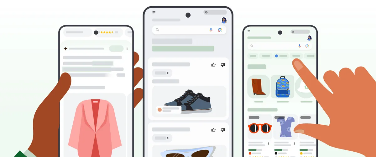 Three phone illustrations show screens representing the new Google Shopping experience, including results for a jacket, shoes, sunglasses and backpacks.